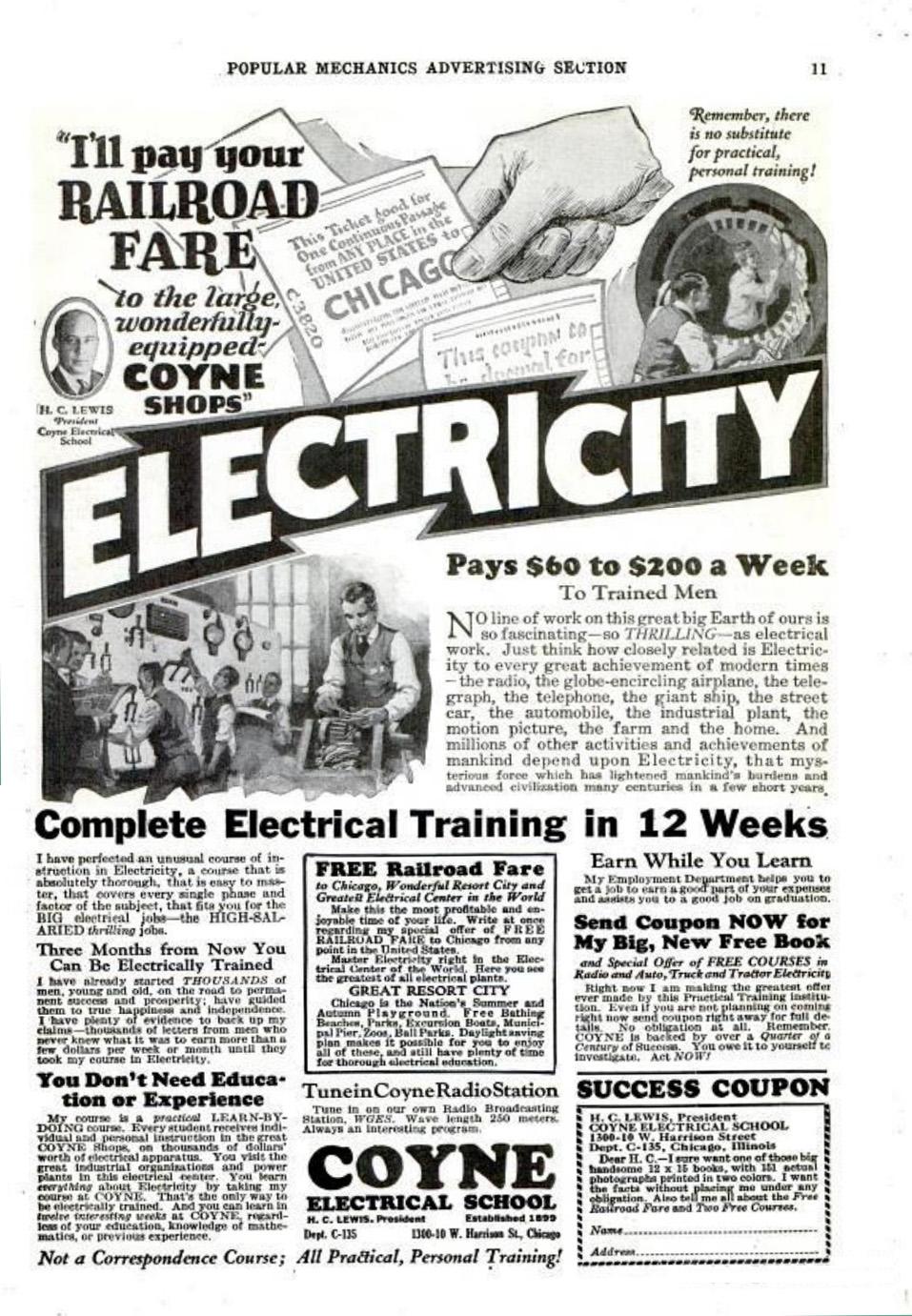 Реклама за набиране на курсисти за Електротехническото училище Койн .